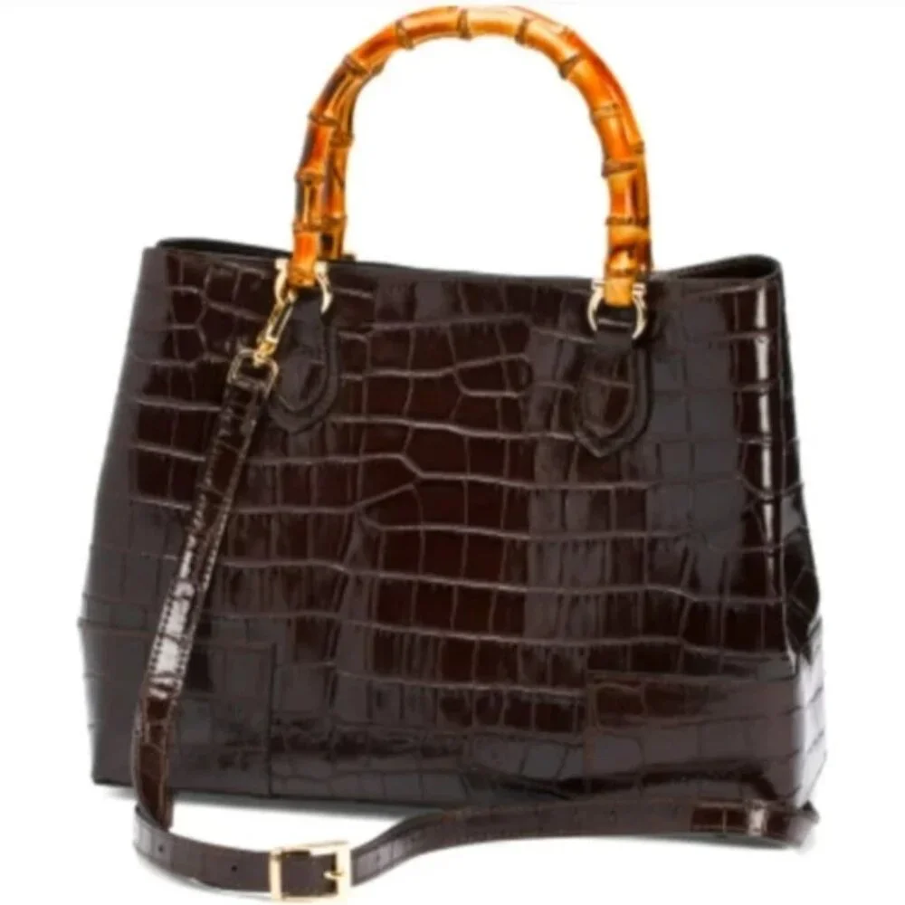 NWT ✅ Pratesi Firenze Italian K291 Triple Compartment Croc Leather Bag BROWN